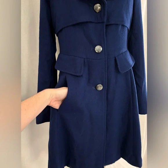 Jessica Simpson Wool Pea Coat Navy Fit Flare Trench Overcoat Classic Style Med - Picture 10 of 13